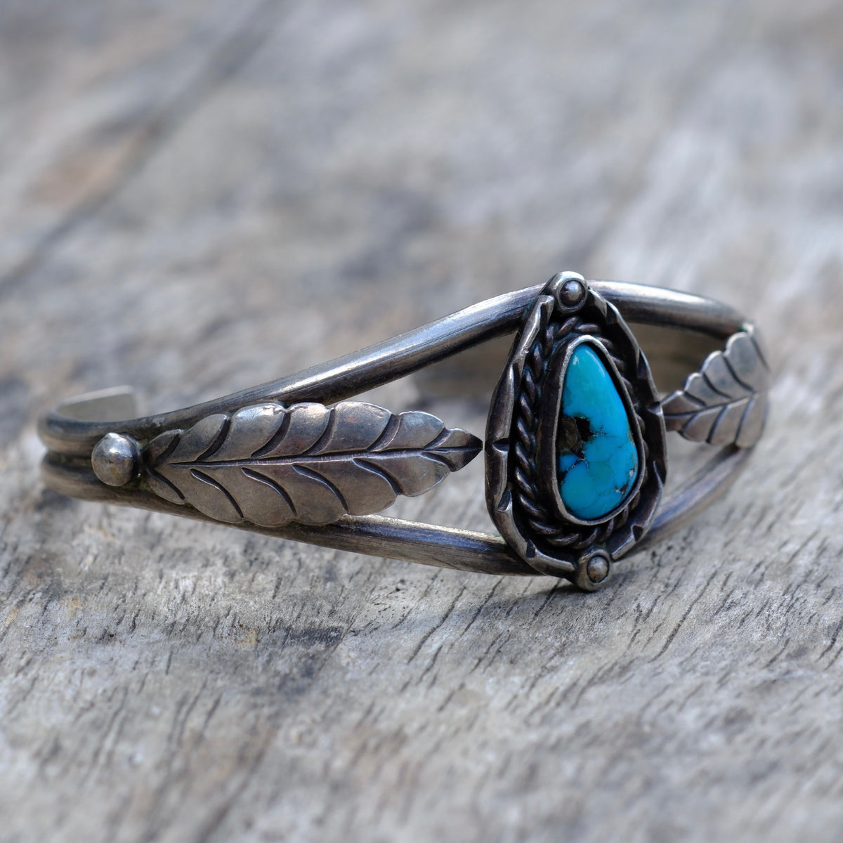 Vintage Sterling Turquoise Feather Cuff Bracelet