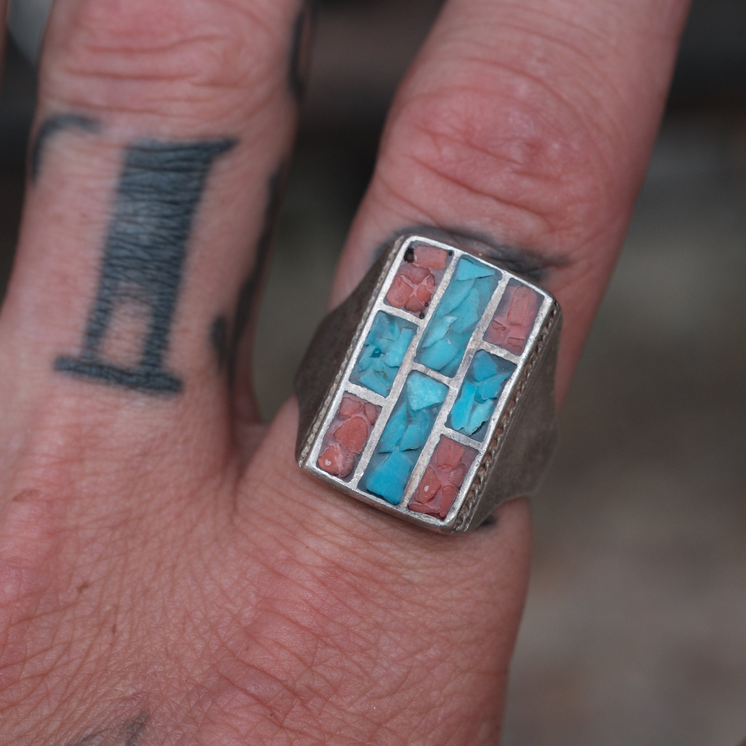 Vintage Sterling turquoise and Coral Inlay Ring 9.75