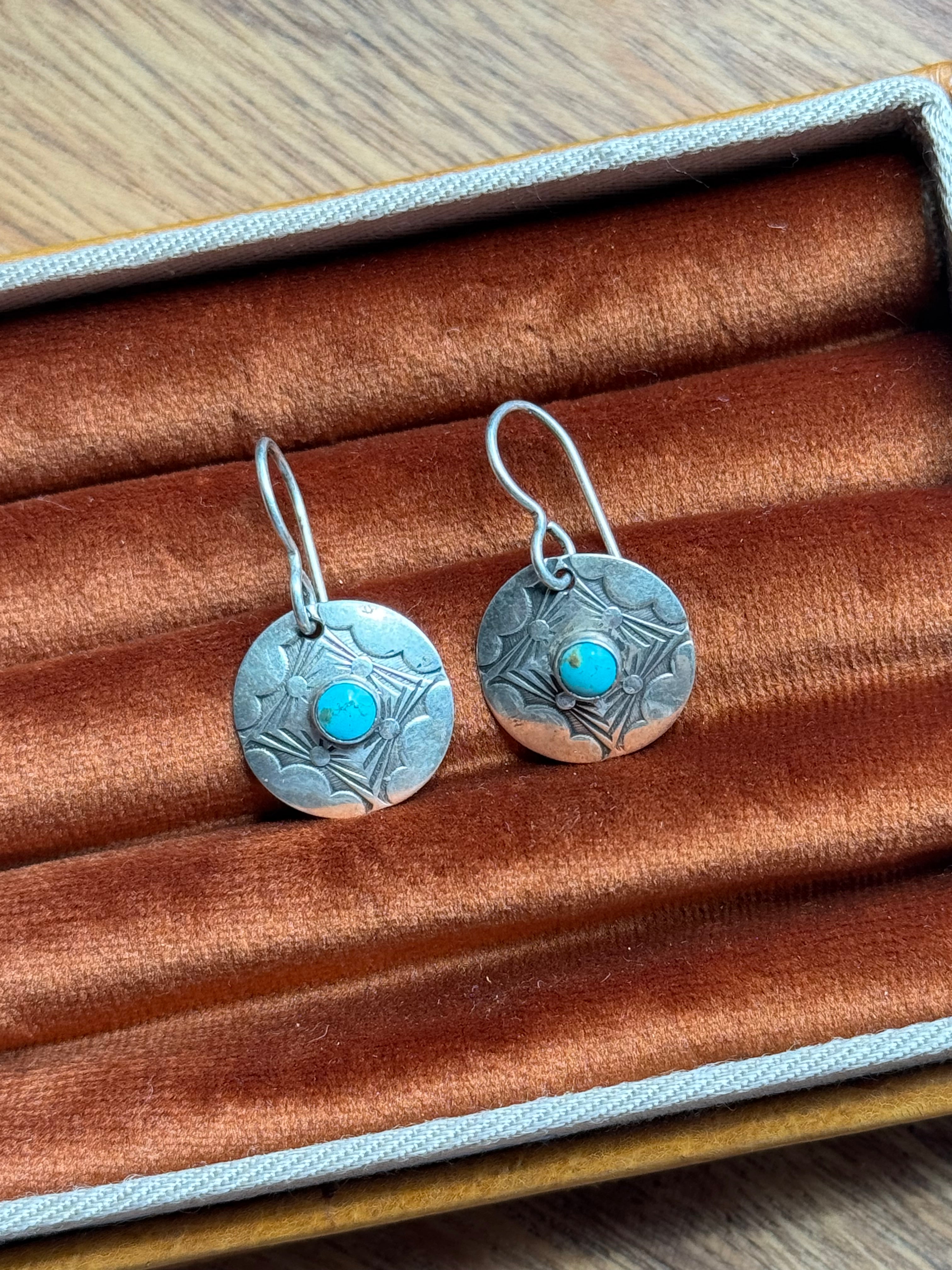 Vintage Sterling Silver StampedTurquoise Coin Earrings