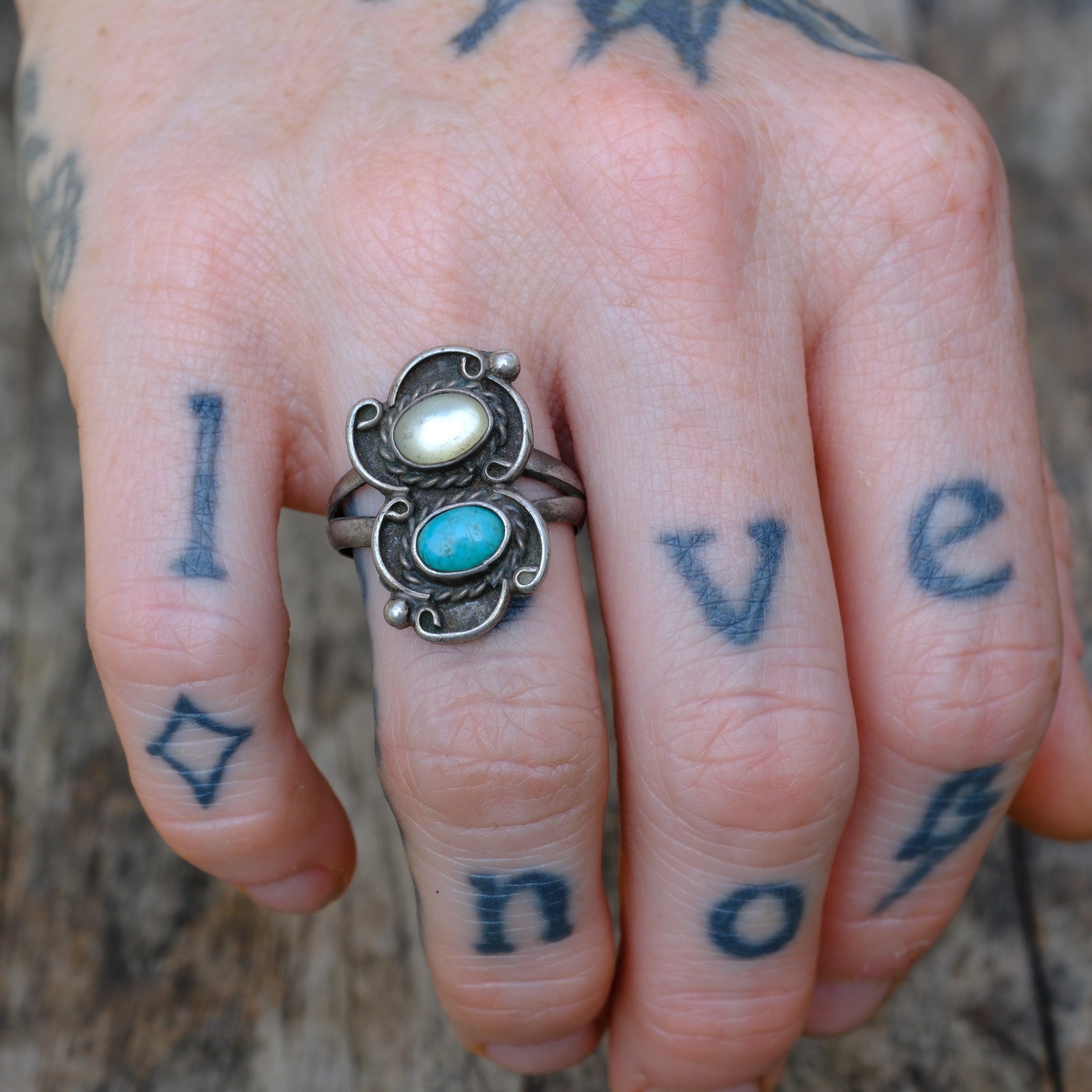 Vintage Sterling Turquoise and Mother Of Pearl Ring 6.5