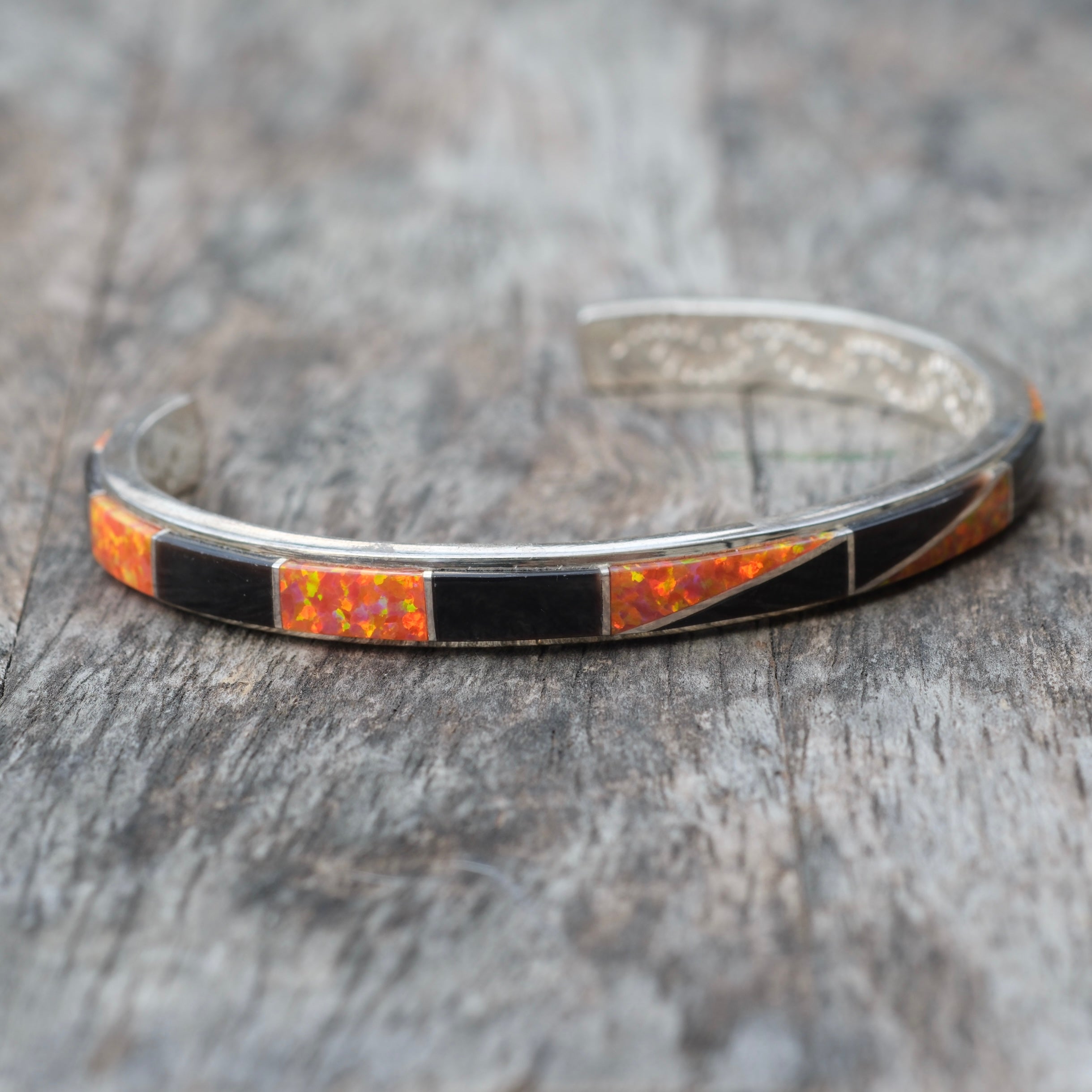 Vintage Sterling Opalite and Black Resin Inlay Cuff Bracelet
