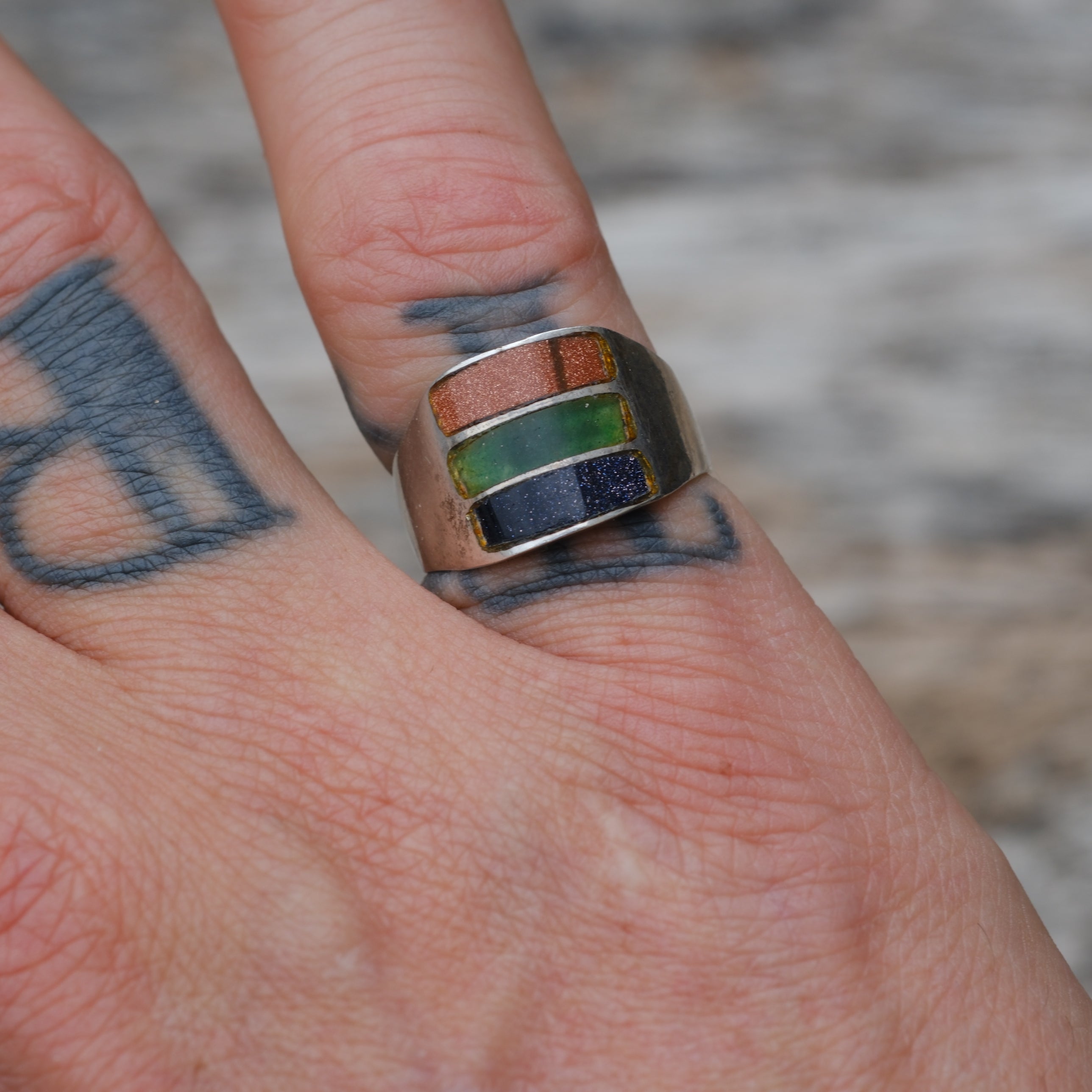 Vintage Sterling Multistone Inlay Ring 6