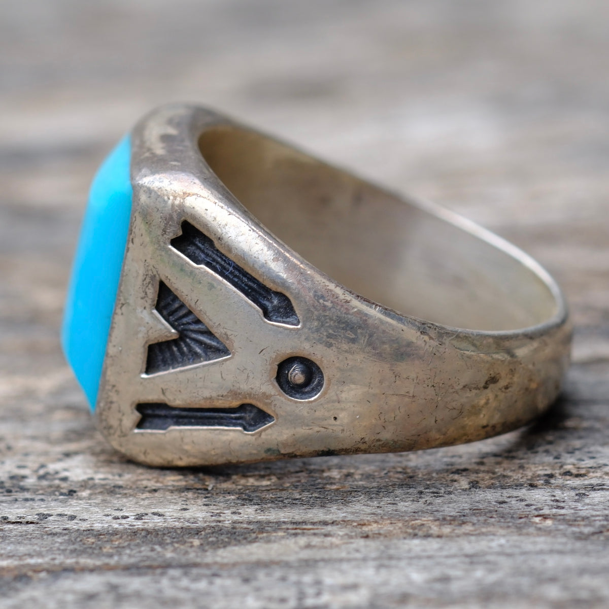 Vintage Sterling Trading Post Turquoise Stamped Arrows Ring 8.5