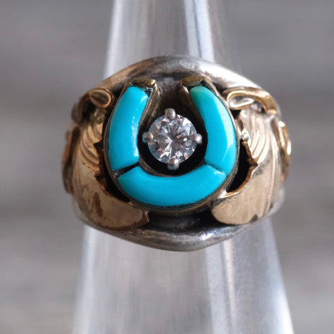 Vintage Sterling Turquoise CZ  Lucky Horseshoe Ring 4