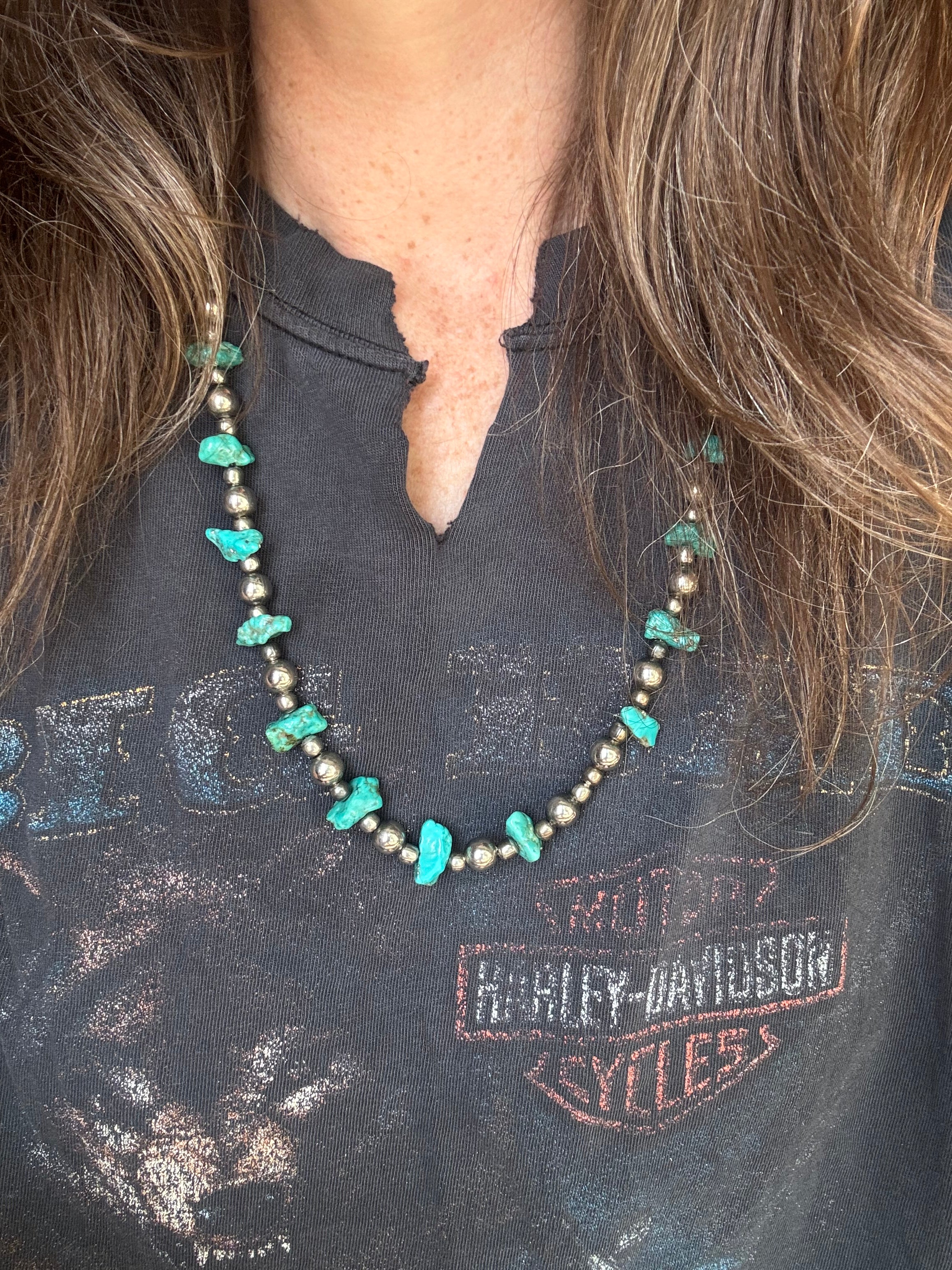 Vintage Raw Turquoise & Sterling Silver Pawn Bead Necklace