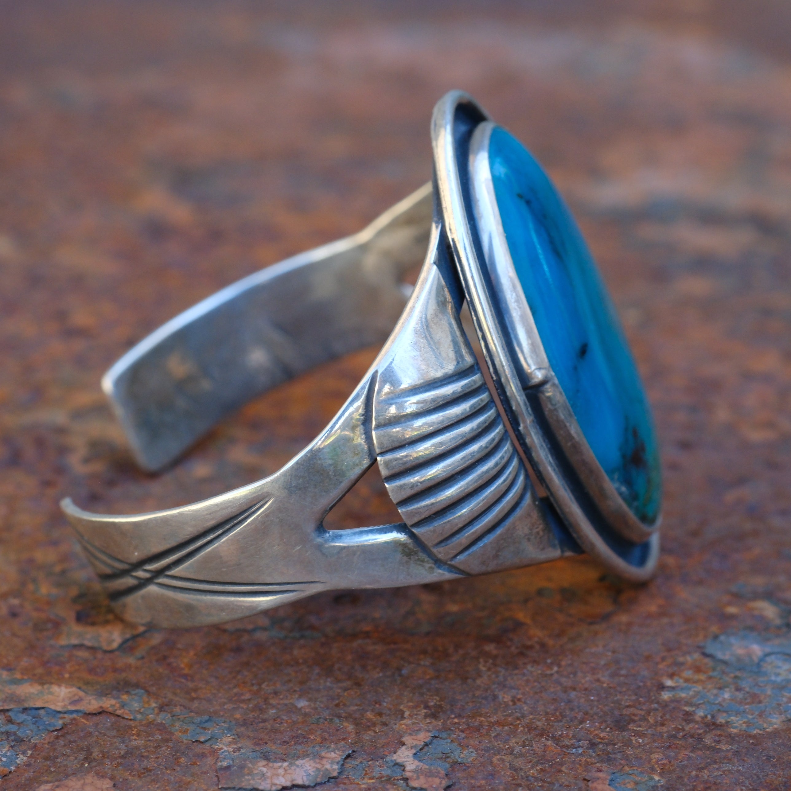 Vintage Sterling Turquoise Ribbed Cuff Bracelet