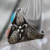 Vintage Sterling Turquoise and Coral Feather Ring 9.25