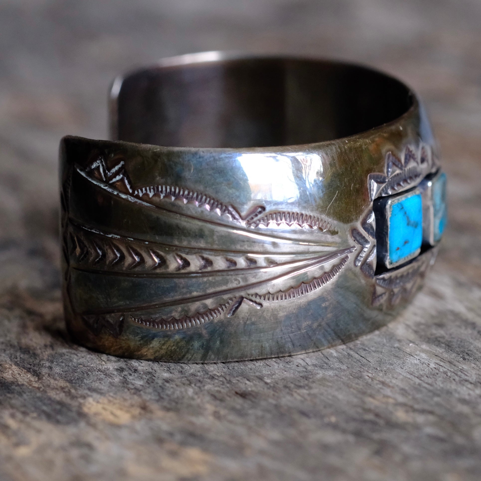 Vintage Sterling 3-Stone Turquoise Stamped Cuff Bracelet