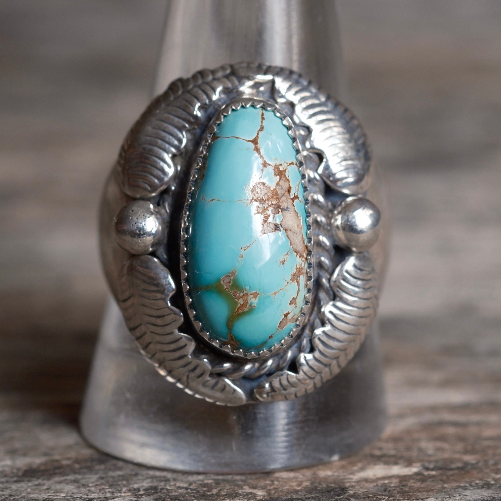 Vintage Sterling Turquoise Feather Ring 11.75
