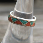Vintage Sterling Crushed Turquoise and Coral Inlay Band 6.5