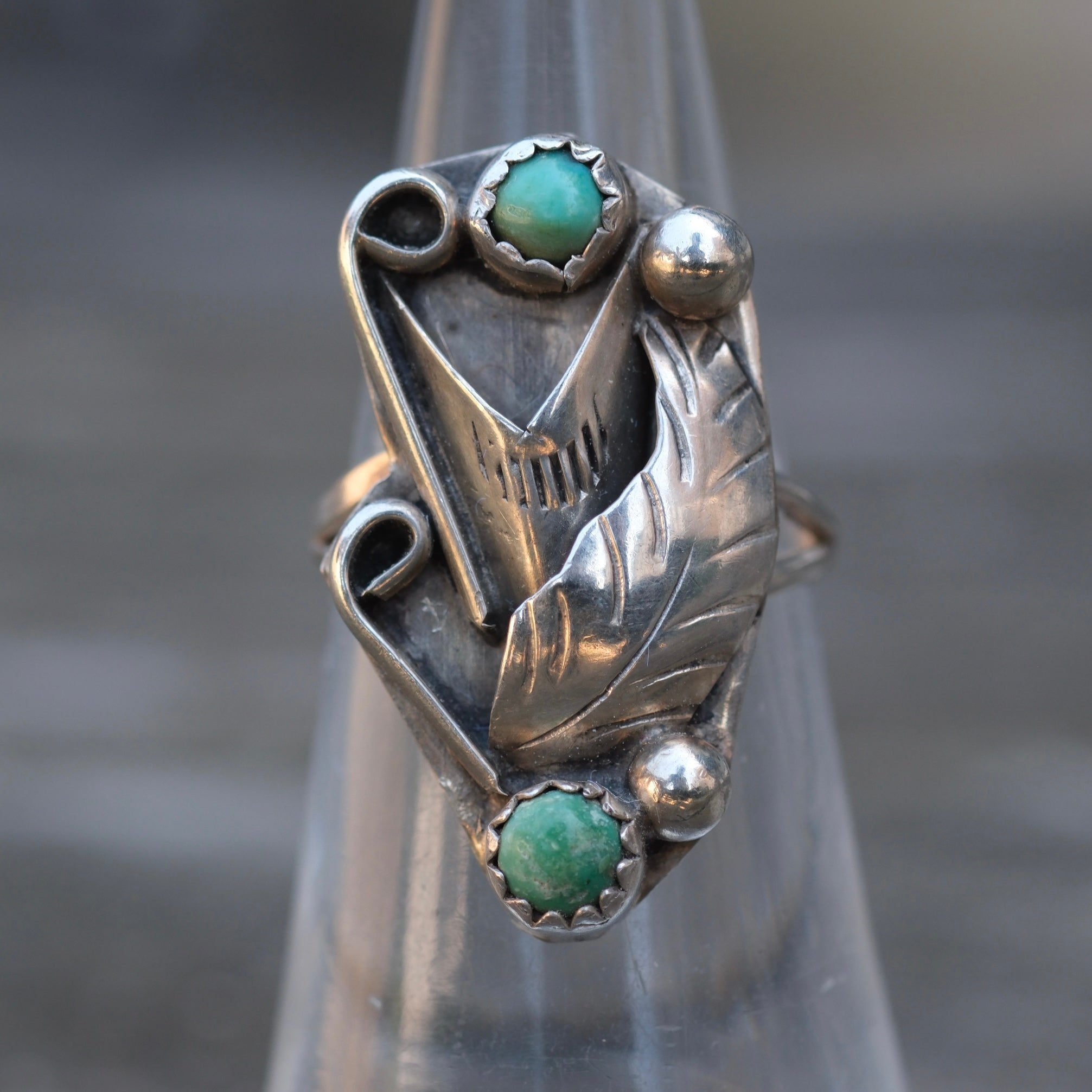 Vintage Sterling 2-Stone Turquoise Feather Ring 5.5