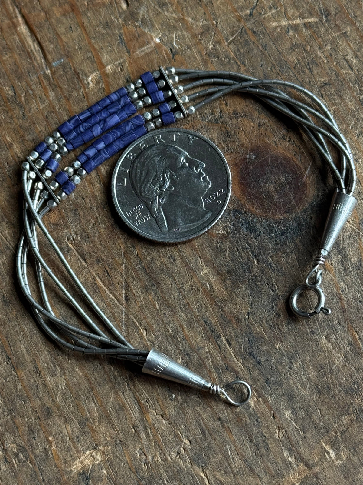 Vintage Sterling Silver Beaded Lapis Liquid Silver Bracelet