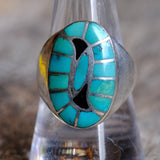 Vintage Sterling Turquoise and Jet Inlay Ring 9.25