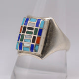 Vintage Sterling Multistone Inlay Panel Ring 10.75