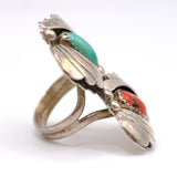 Vintage Sterling Turquoise and Coral Feather Ring 6.25