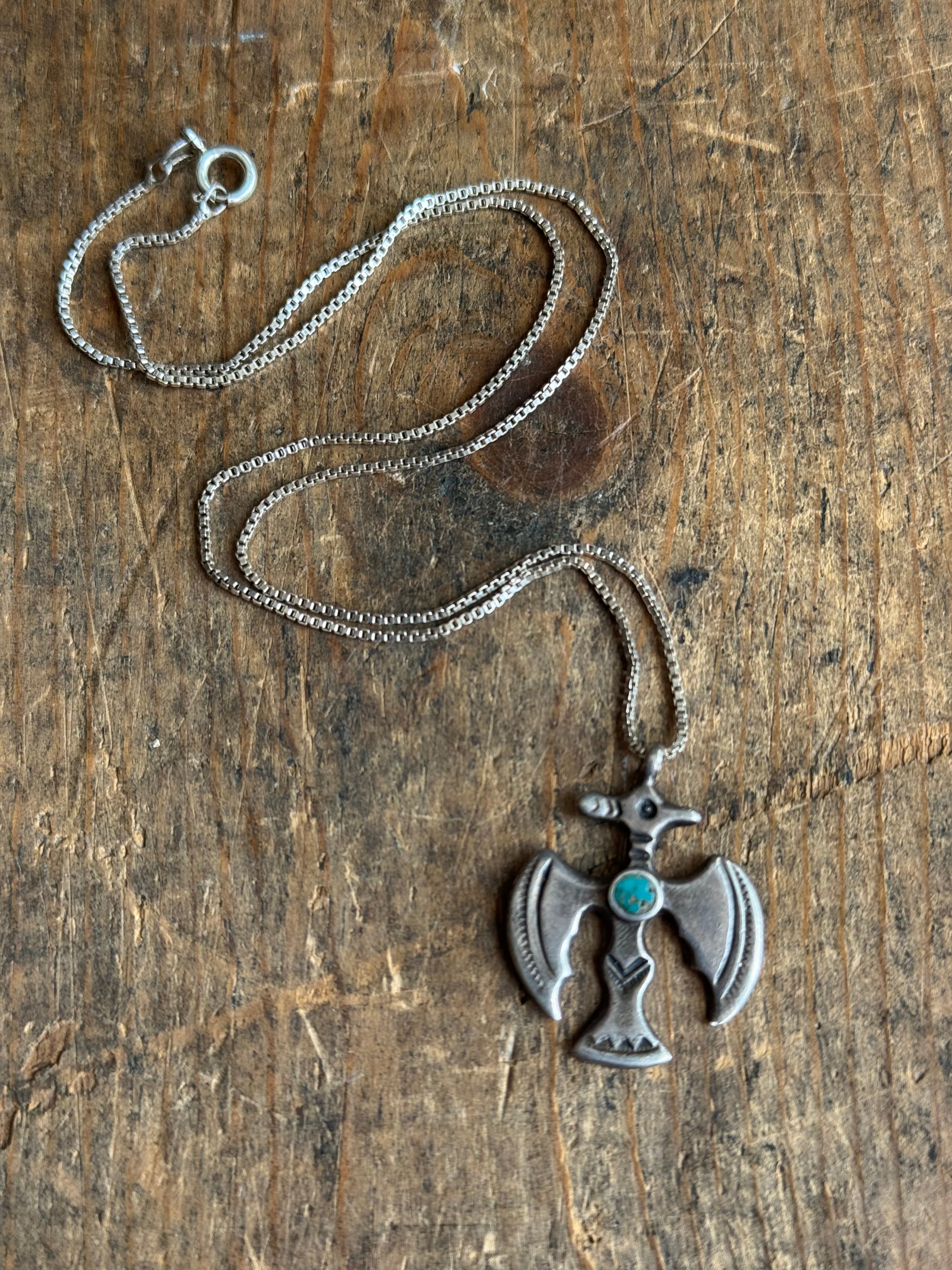 Vintage Sterling Silver Crushed Turquoise Inlay Thunderbird Necklace
