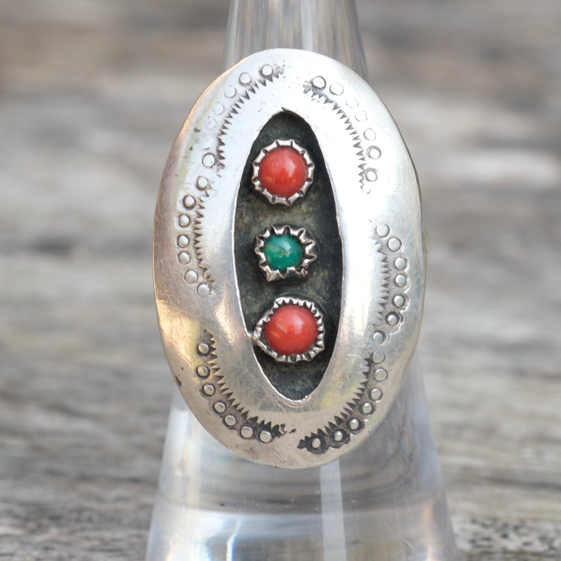 Vintage Sterling Coral and Turquoise Stamped Shadowbox Ring 6.5
