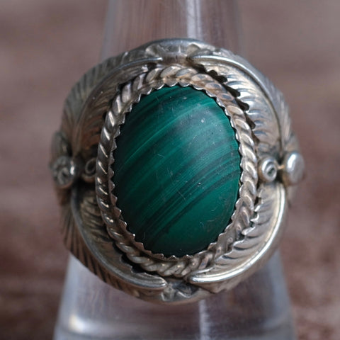 Vintage Sterling Malachite Feather Ring 8.75