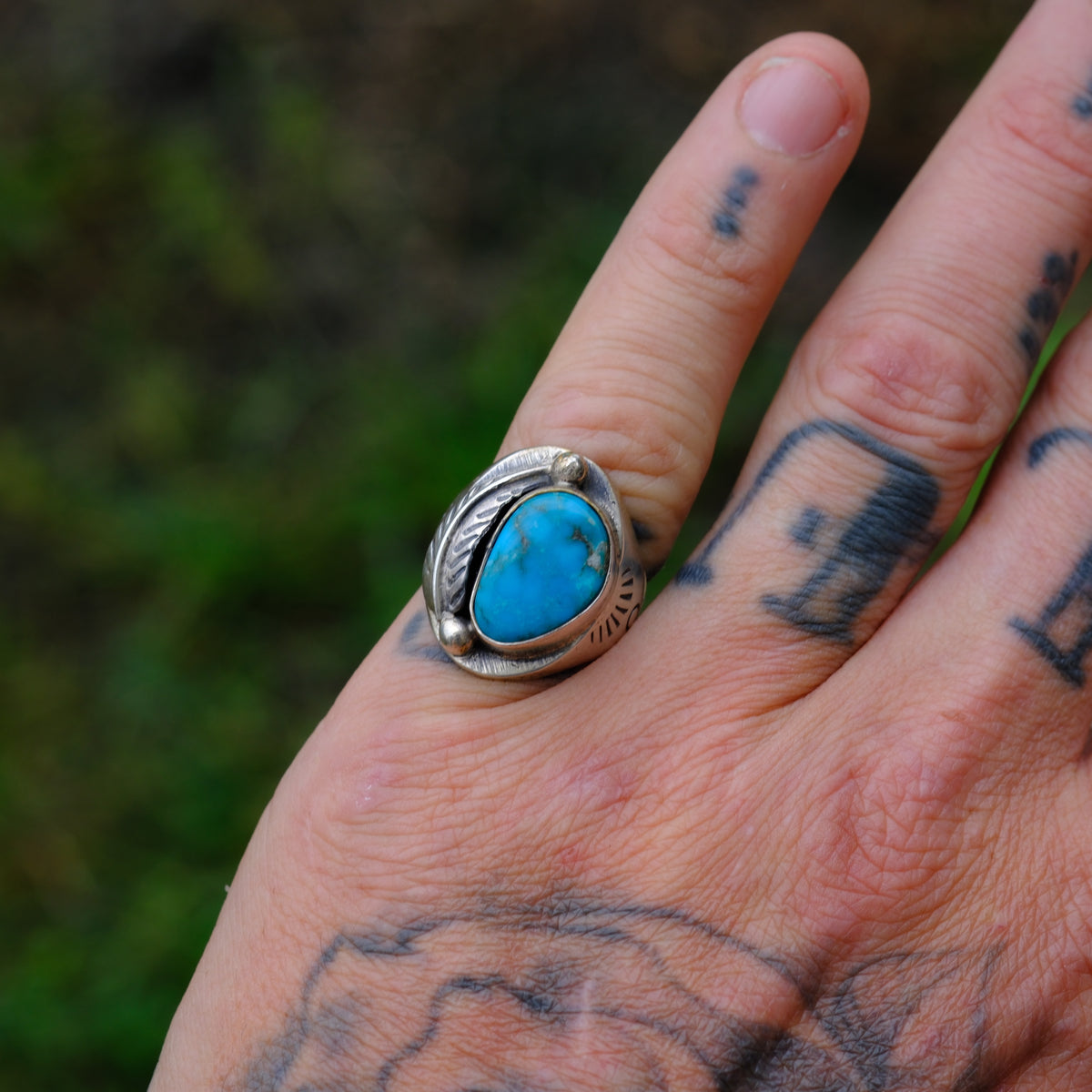 Vintage Sterling Turquoise Feather Ring 6.75