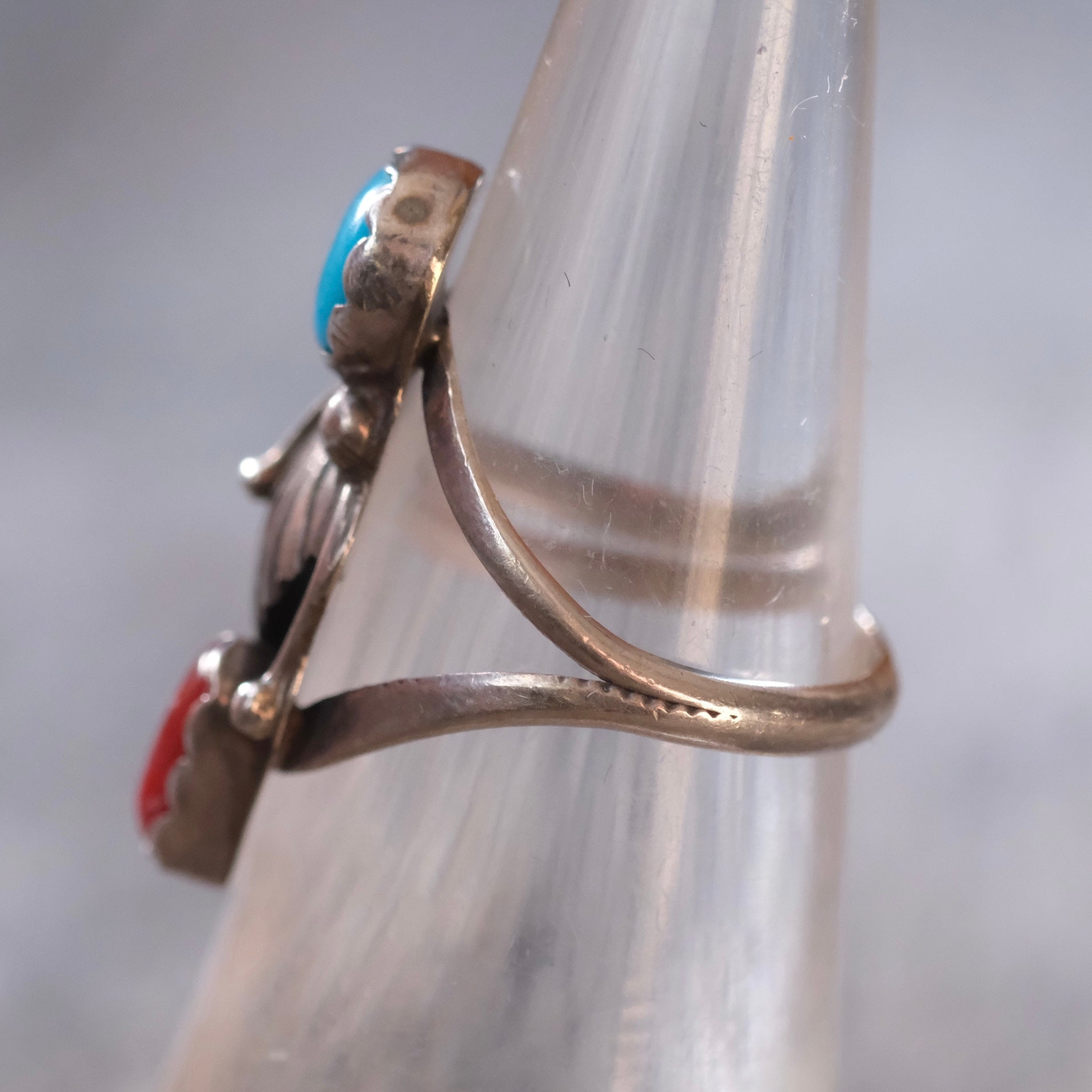 Vintage Sterling Turquoise and Coral Feather Ring 5.75