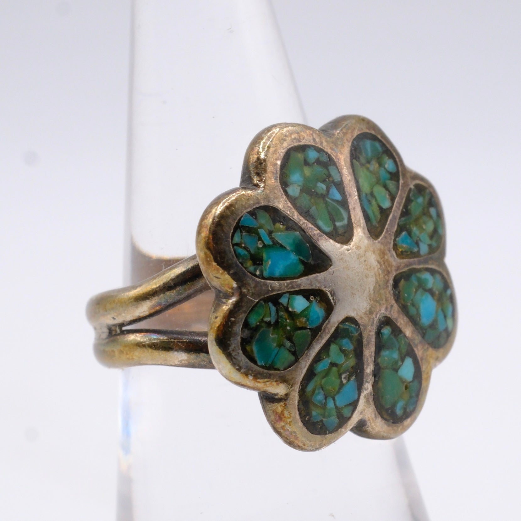 Vintage Sterling Turquoise Inlay Floral Ring 6.25