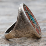 Vintage Sterling Crushed Turquoise and Coral Hummingbird Inlay Ring 10.25