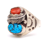 Vintage Sterling Turquoise and Coral Stamped Band Ring 9.5