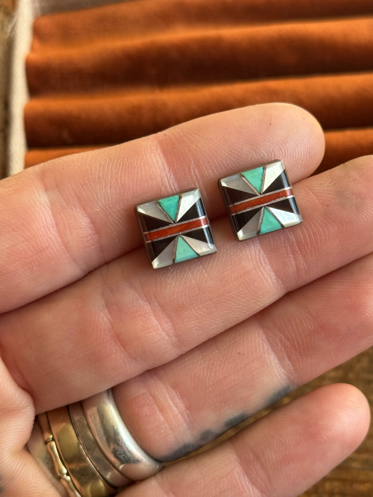 Vintage Sterling Silver Mutistone Inlay Earrings