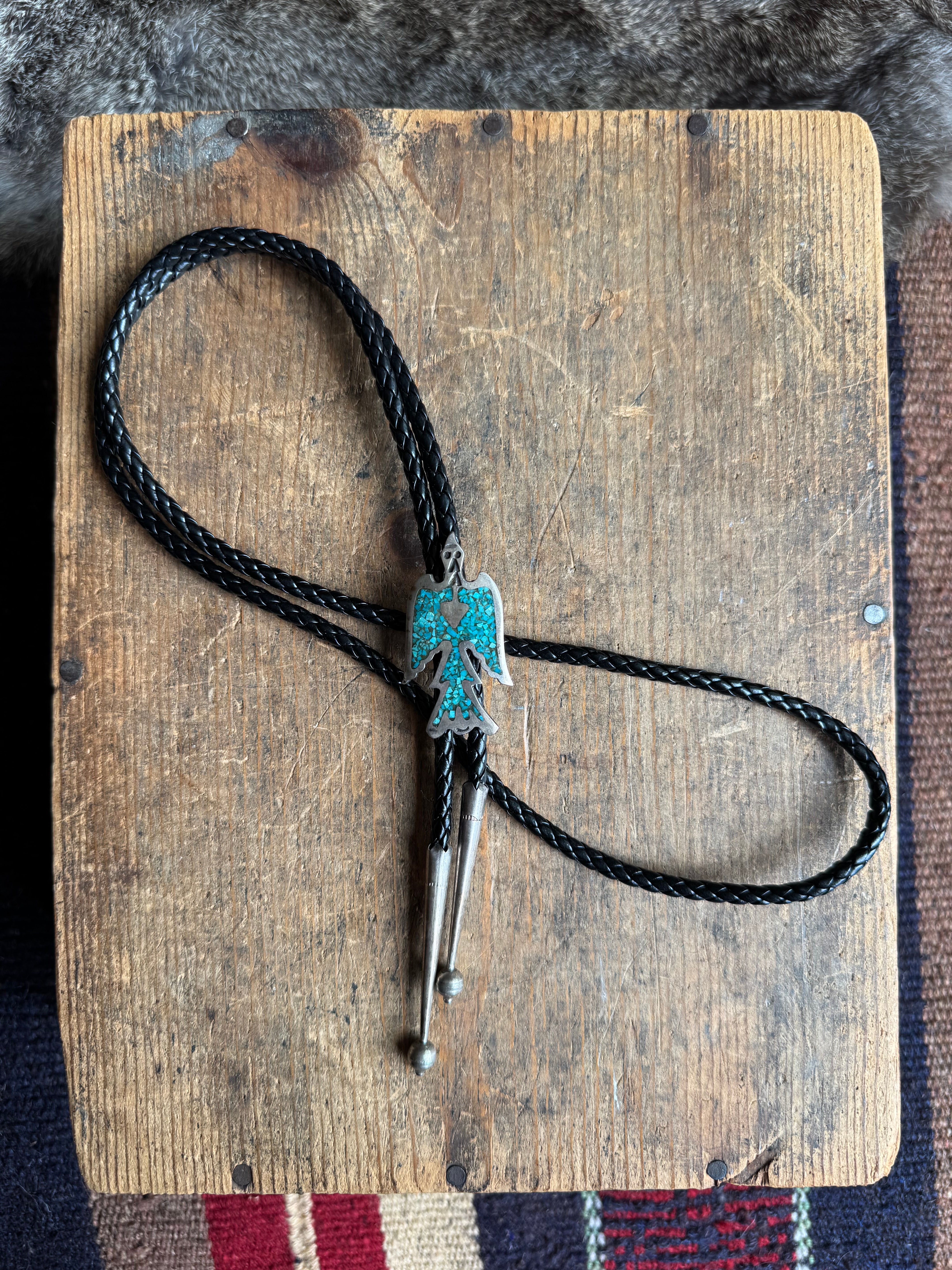 Vintage Sterling Silver Turquoise Inlay Eagle Bolo