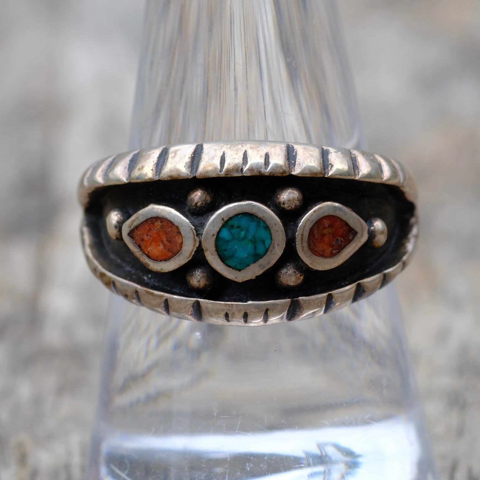Vintage Sterling Crushed Turquoise and Coral Inlay Band Ring 9