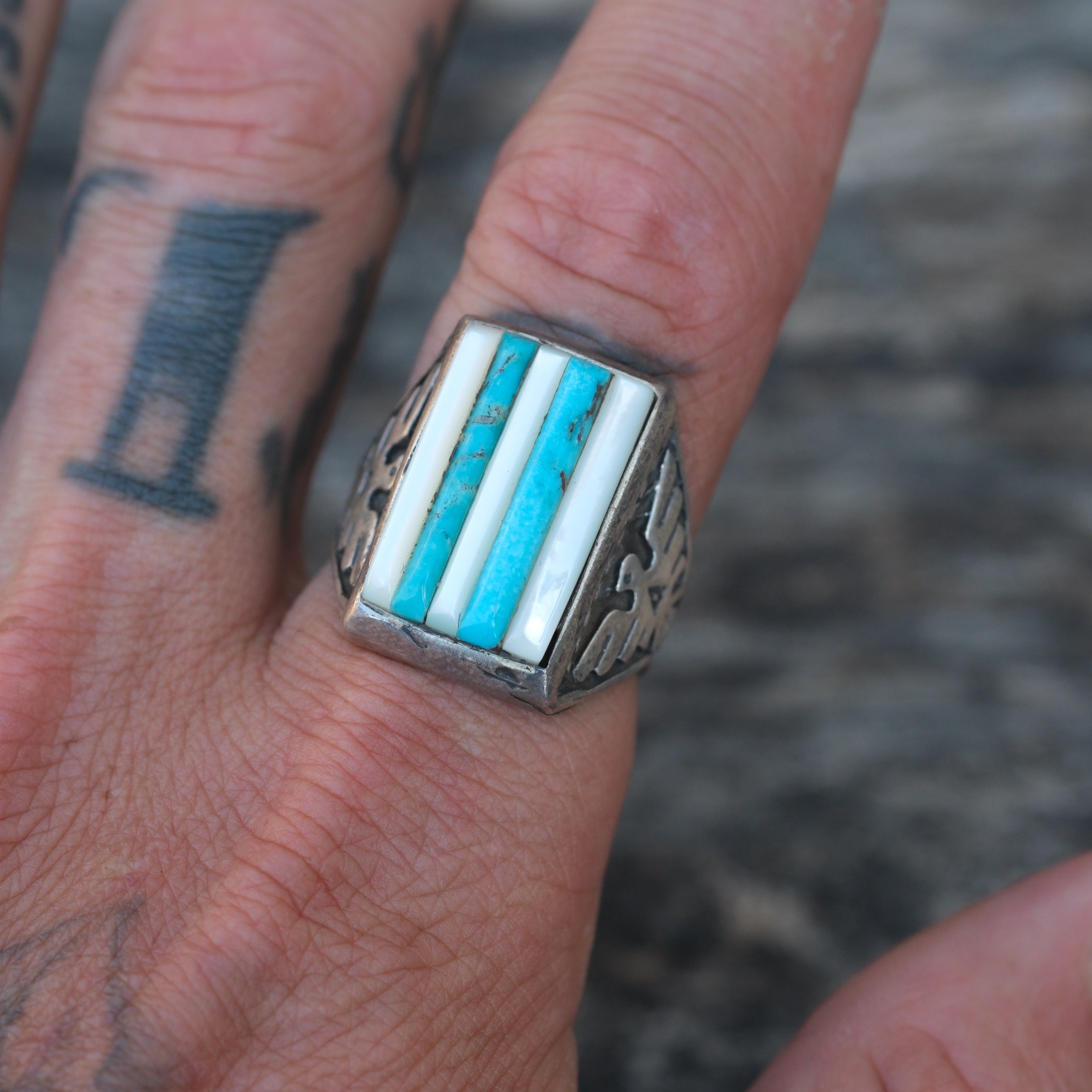 Vintage Sterling Turquoise and Mother Of Pearl Row Inlay Thunderbird Ring 10.25