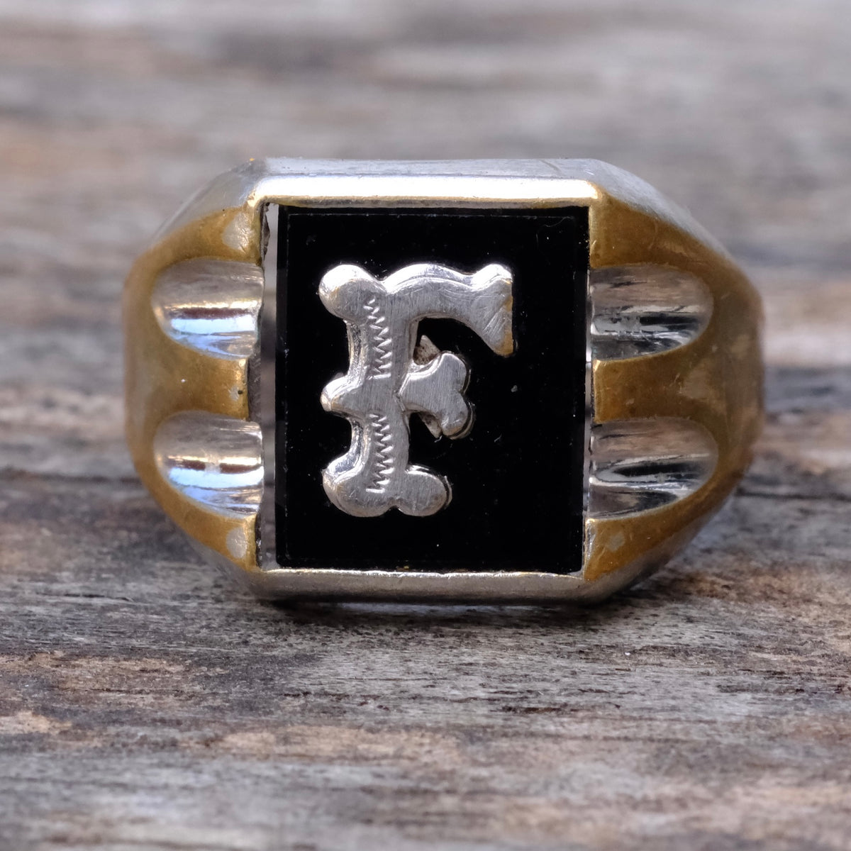 Vintage Brass and Silver F Initial Signet Ring 7