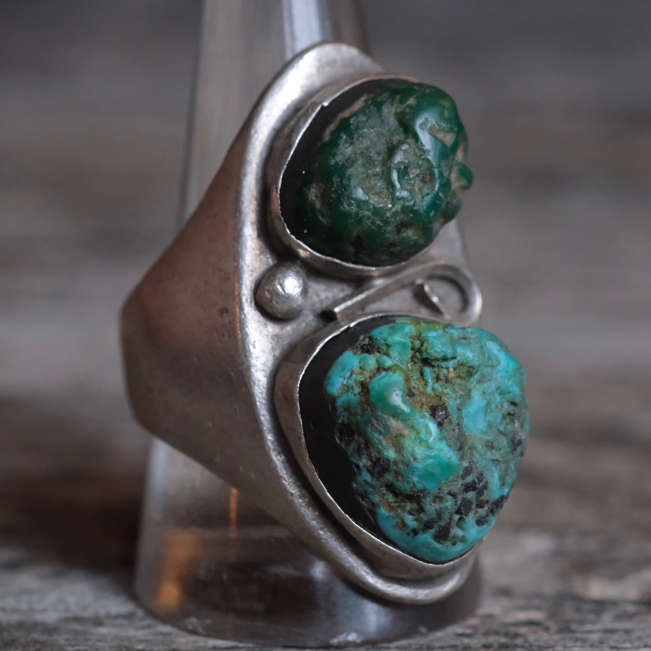 Older Vintage Sterling 2-Stone Turquoise Ring 10.75