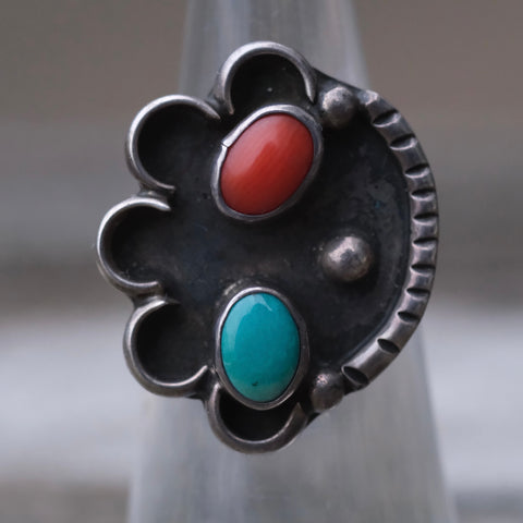 Vintage Sterling Turquoise and Coral Ring 4.5