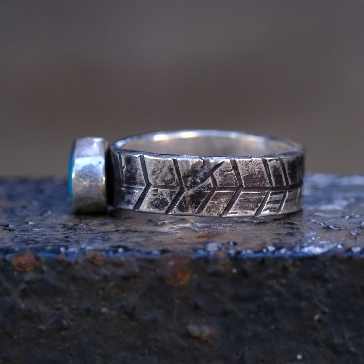 Sterling Silver Lone Mountain Turquoise Stamped Band Ring 6