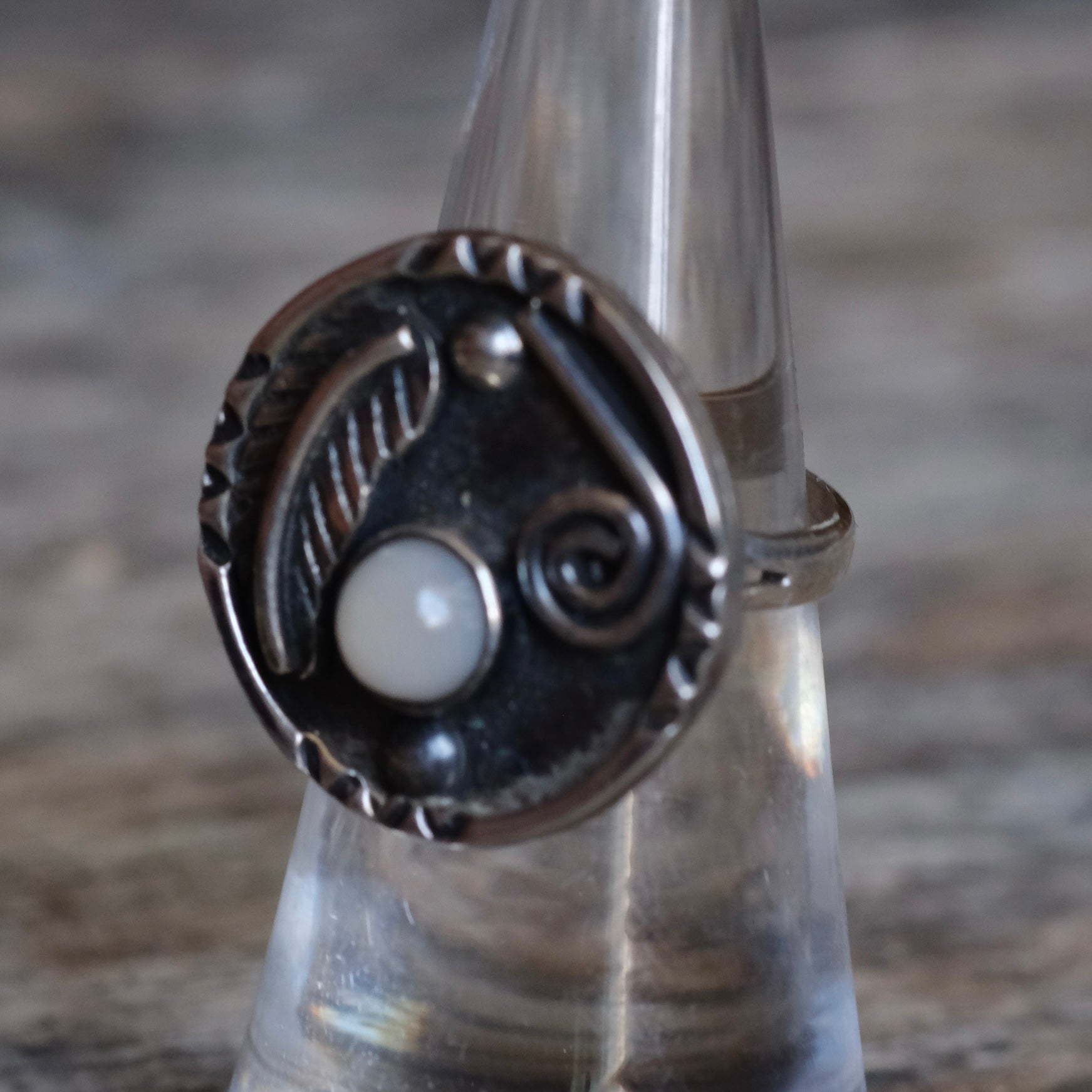 Vintage Sterling Moonstone Feather Ring 5.5