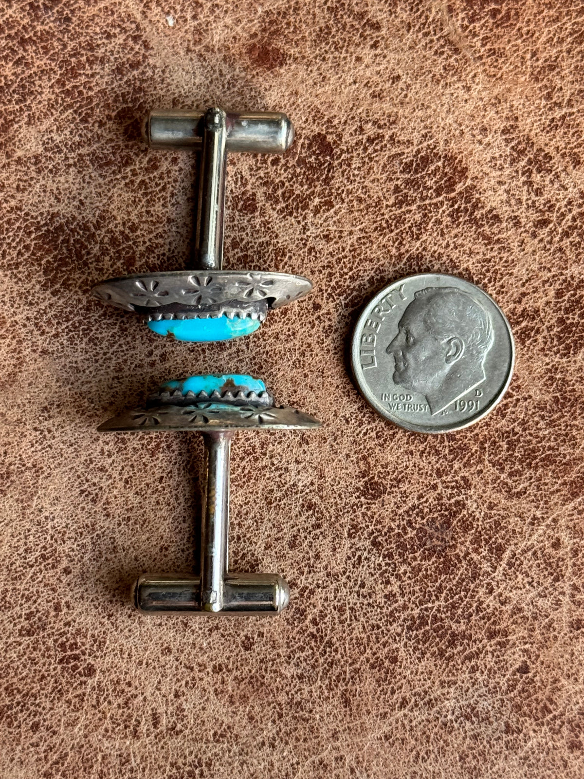 Vintage Sterling Silver Stamped Turquoise Shadowbox Cufflinks