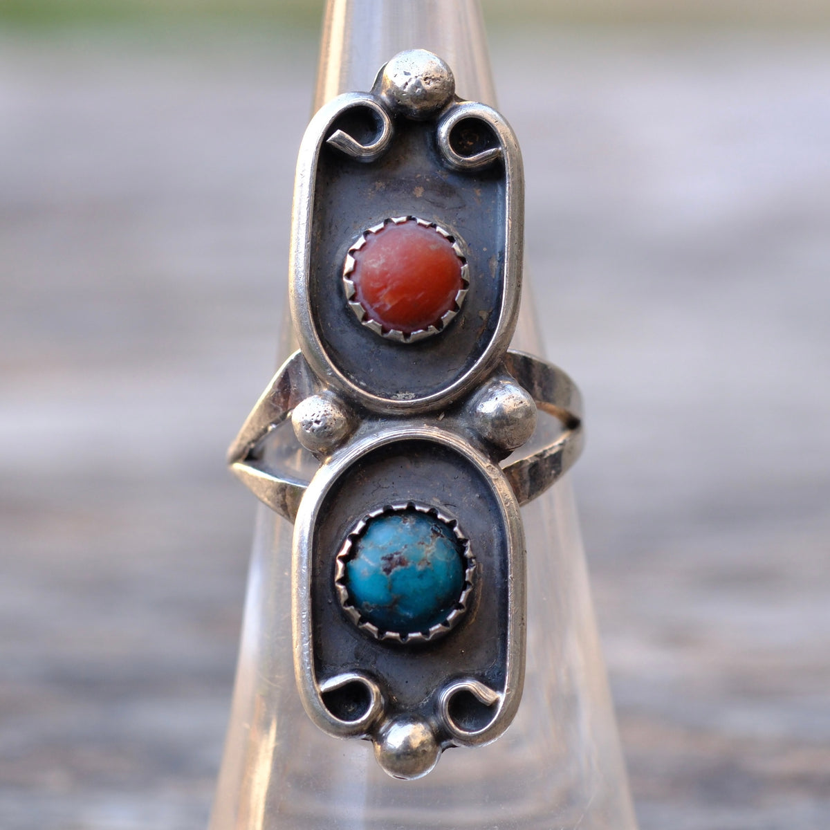 Vintage Sterling Turquoise and Coral Ring 6
