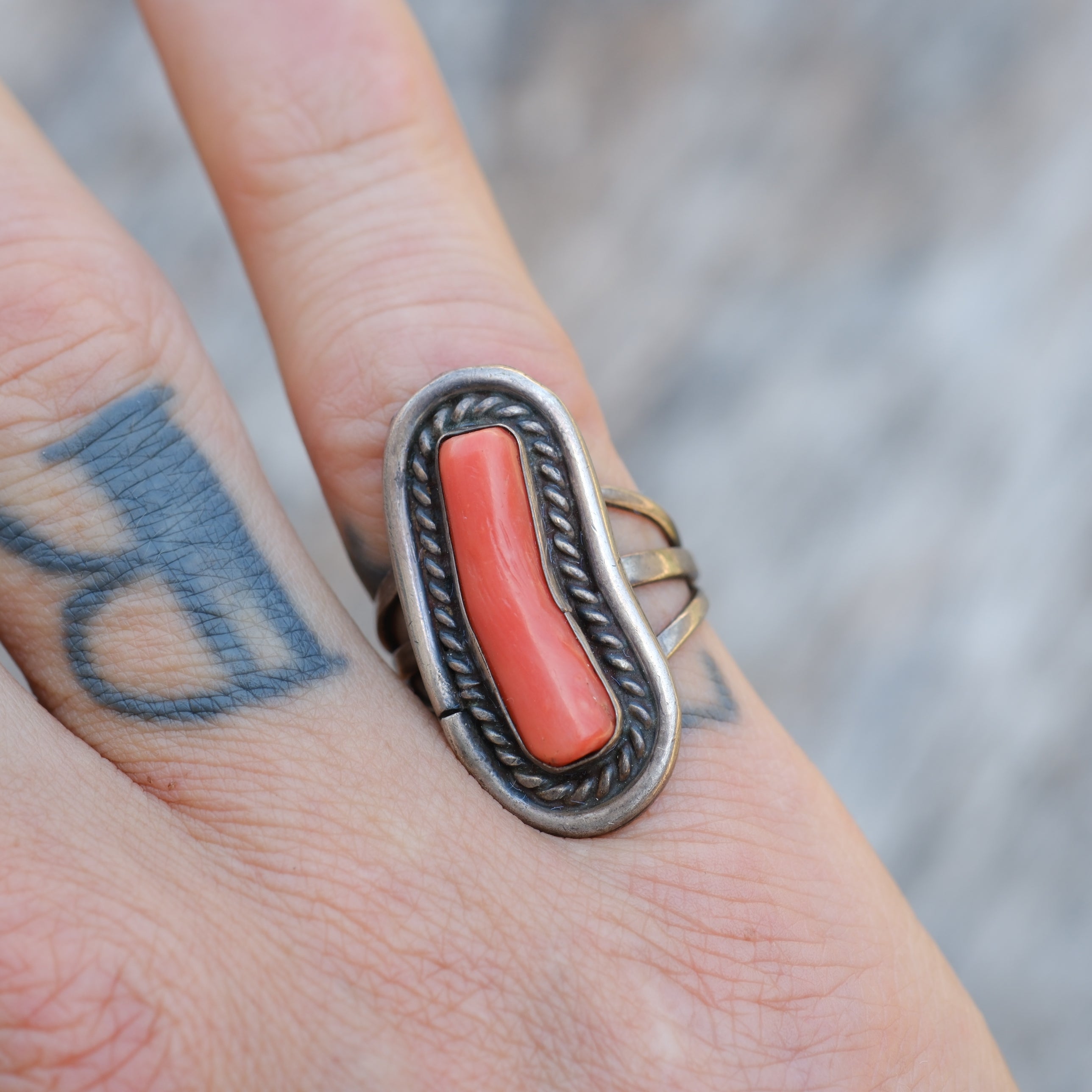 Vintage Sterling Coral Roper Ring 6