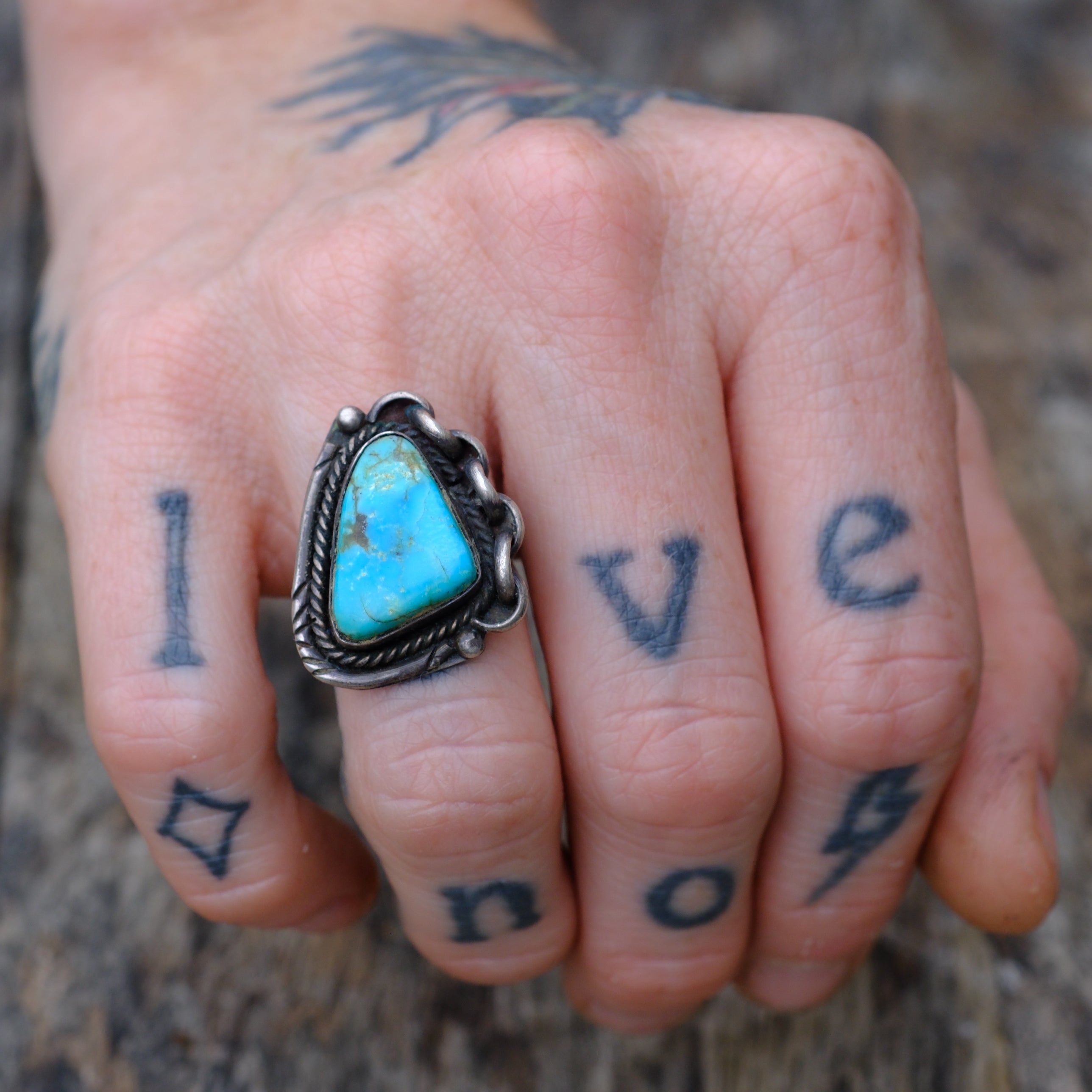 Vintage Sterling Turquoise Chain Ring 5.5