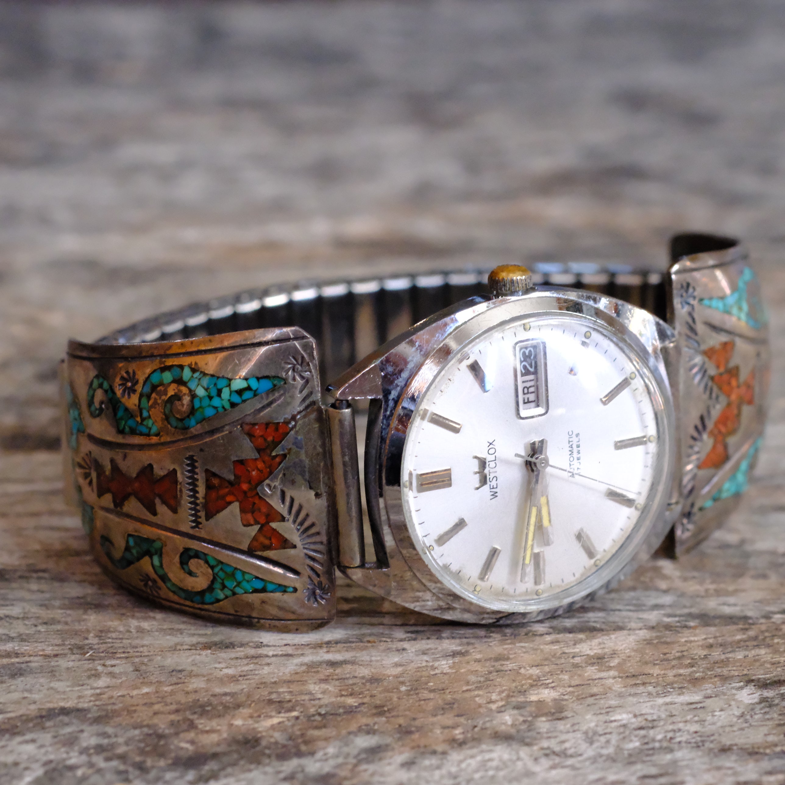 Vintage Sterling Crushed Turquoise and Coral Inlay Ring