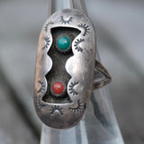 Vintage Sterling Turquoise and Coral Shadowbox Ring 6.75