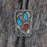 Vintage Sterling Turquoise and Coral Feather Bolo Tie