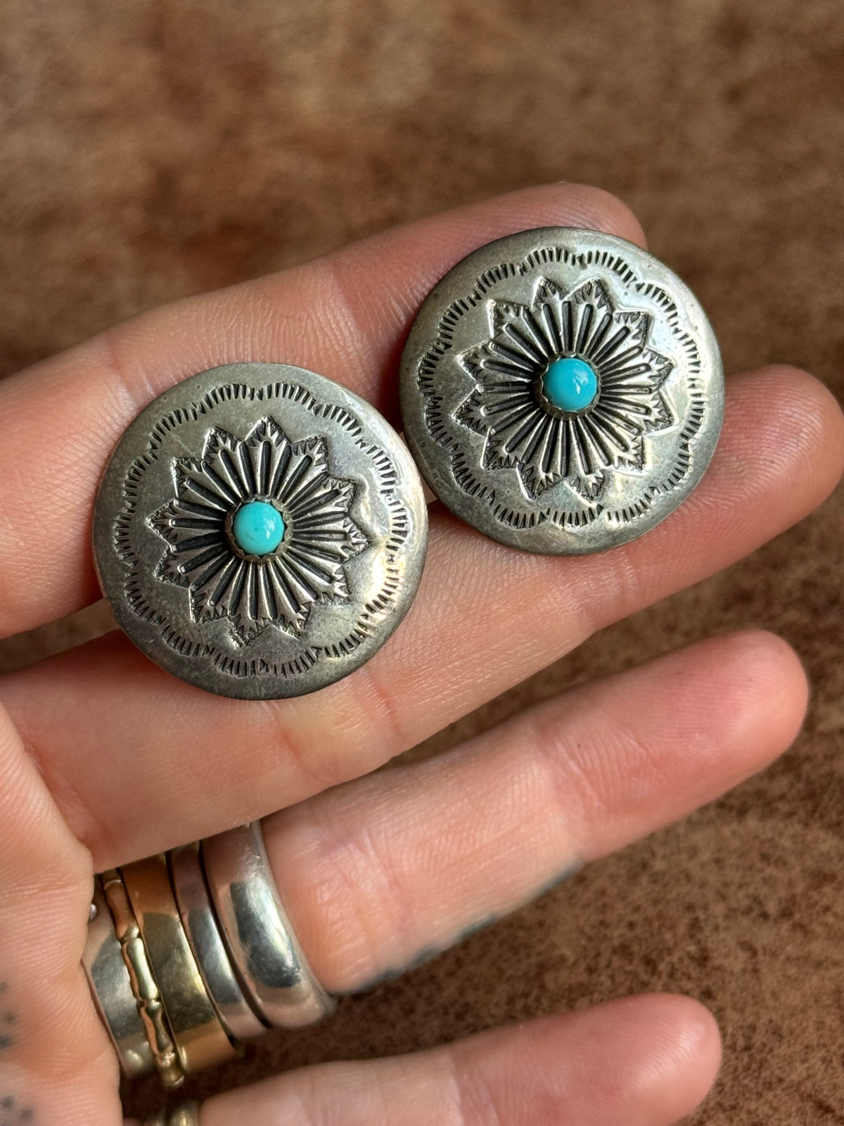 Vintage Sterling Silver Stamped Turquoise Concho Cufflinks