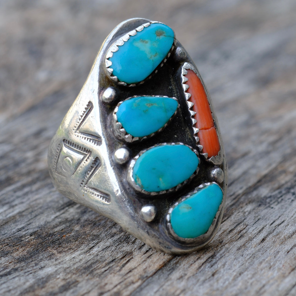 Vintage Sterling Turquoise and Coral Stamped Band Ring 11.75