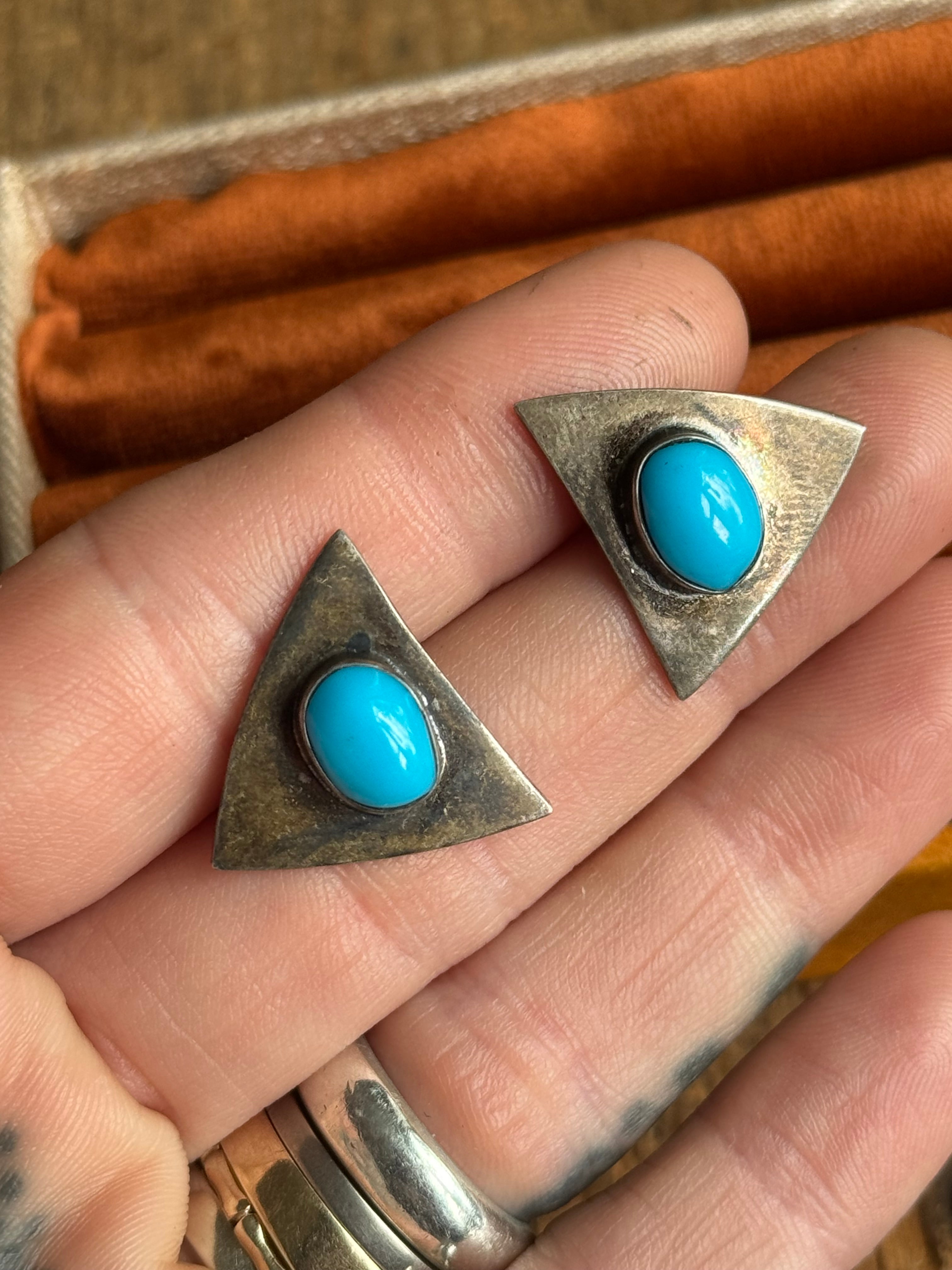 Vintage Sterling Silver Turquoise Triangle Earrings