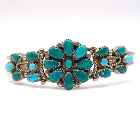 Mid Century Vintage Sterling Turquoise Cluster Cuff Bracelet