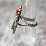 Vintage Sterling Mother Of Pearl and Coral Feather Ring 5.5