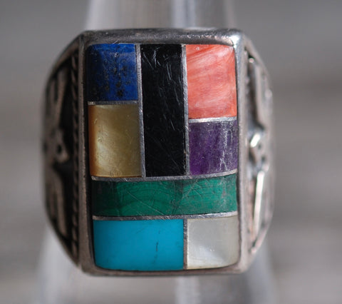 Vintage Sterling Multi Stone Inlay Thunderbird Ring 8.5