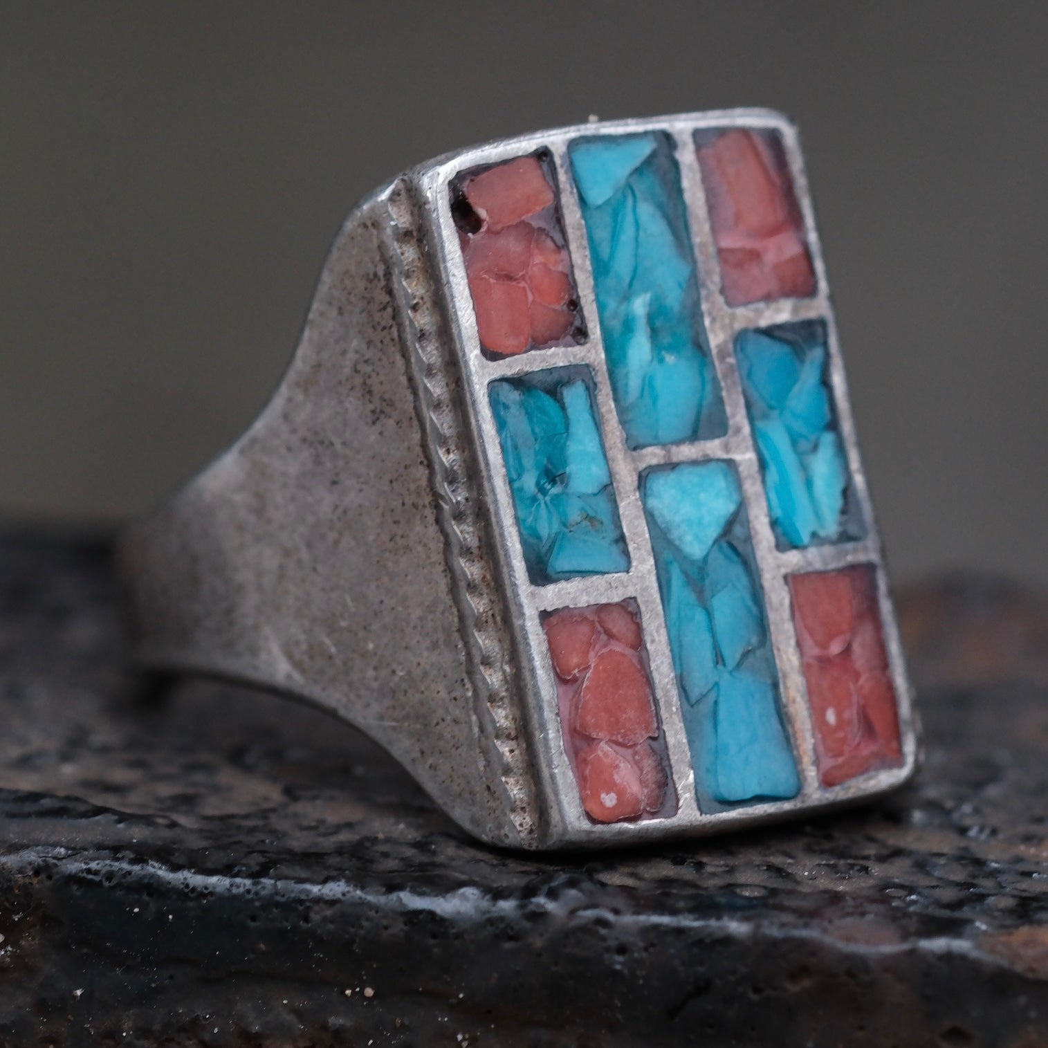 Vintage Sterling turquoise and Coral Inlay Ring 9.75
